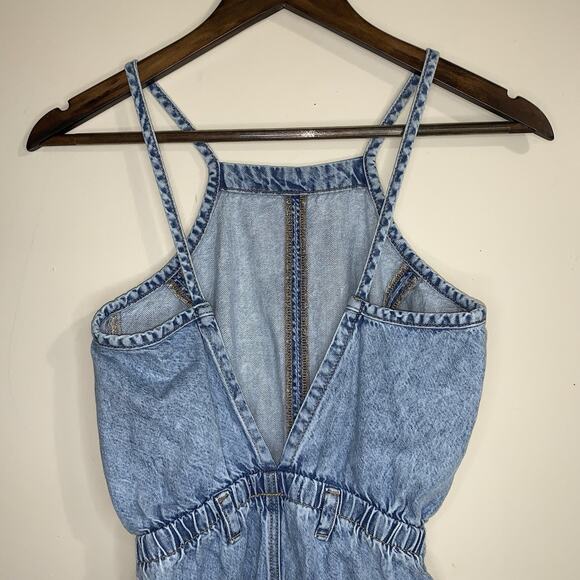 Zara Girls Denim Dungaree Jumpsuit Wide Leg Pockets Open Back Size 9 - Picture 5 of 12